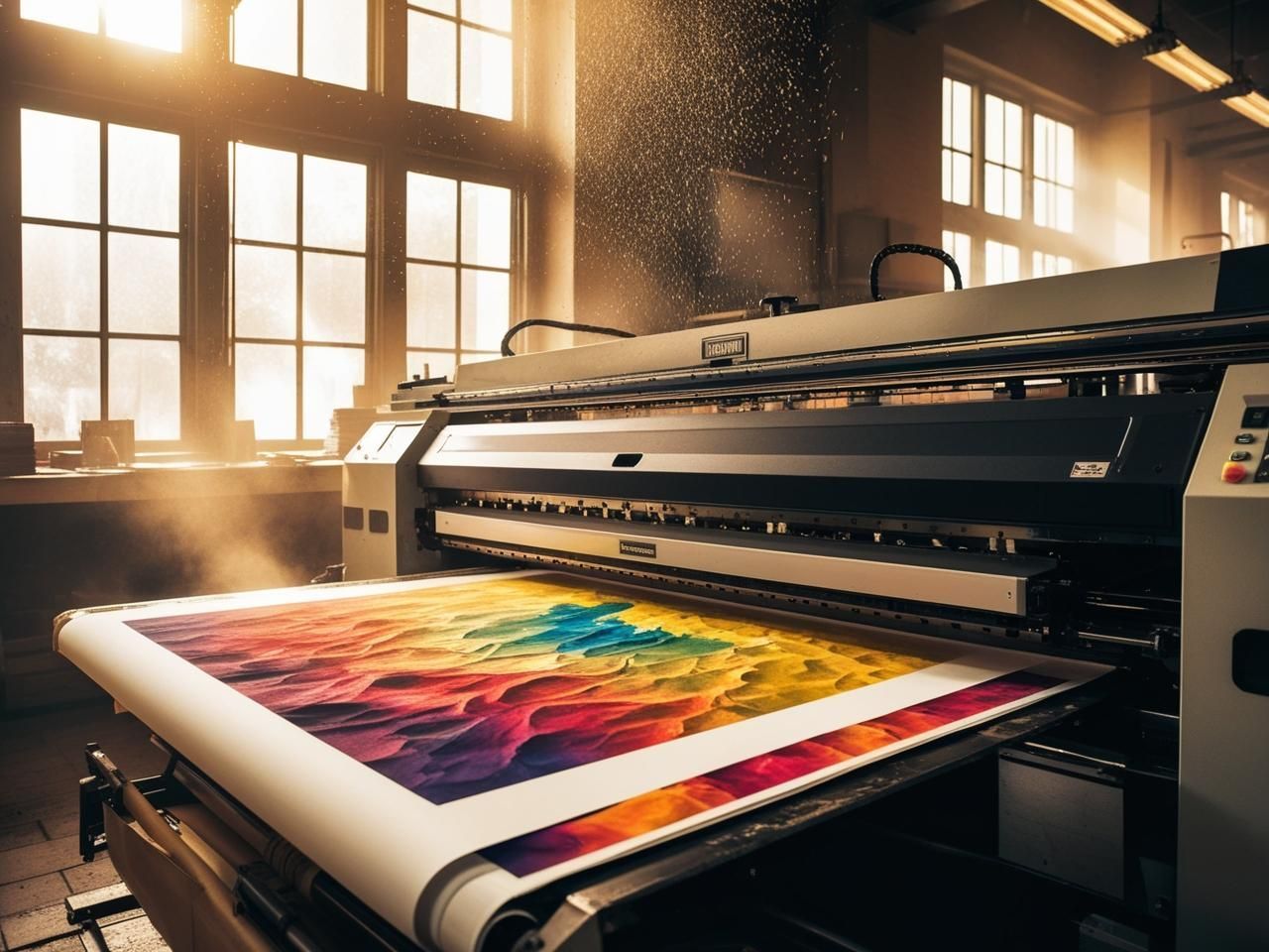 Image illustrant un atelier d'impression, avec une machine qui imprime sur du papier grand format